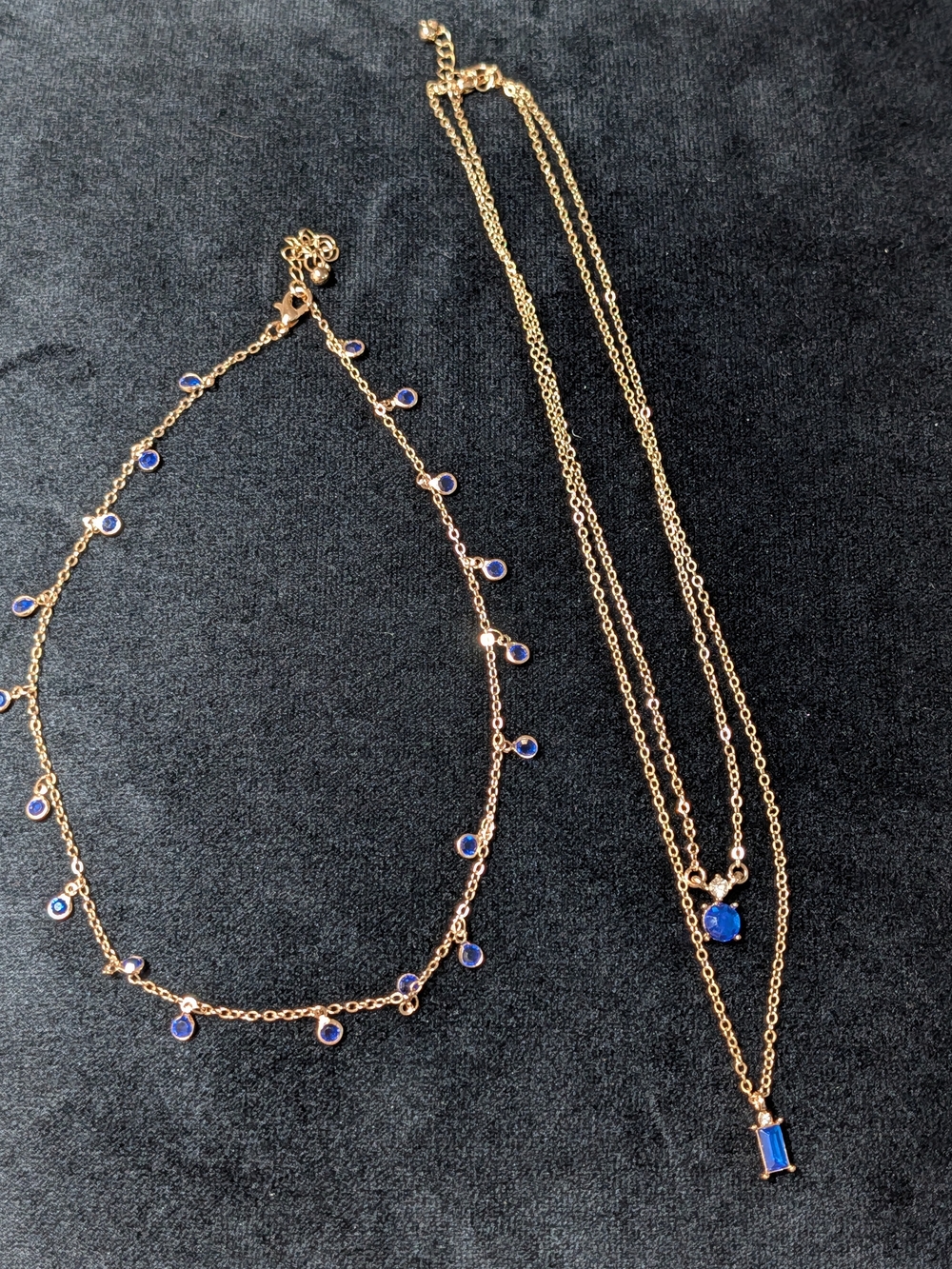 Gold-Tone Layered Necklace Set with Blue Crystal Accents 2 Necklaces